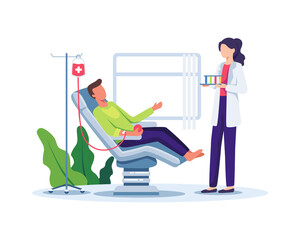 Volunteer male character sitting in medical hospital chair donating blood, World Blood Donor Day concept illustration