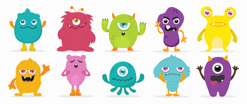 Cute  Monsters  Vector Set. Kids cartoon character design for poster, baby products logo and packaging design.