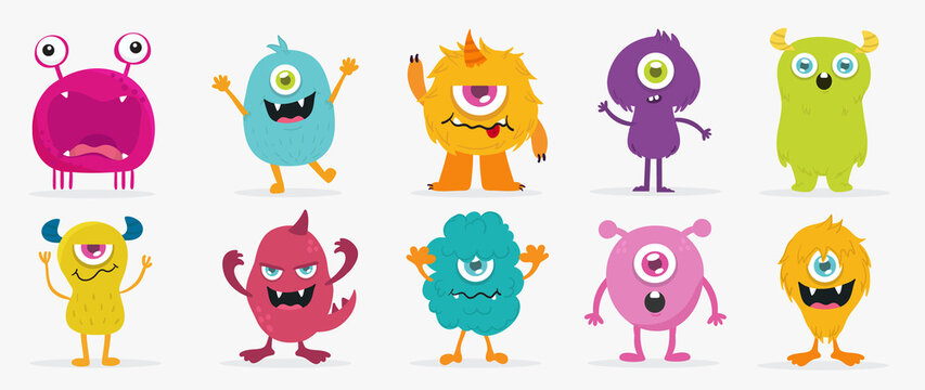 Cute  Monsters  Vector Set. Kids cartoon character design for poster, baby products logo and packaging design.