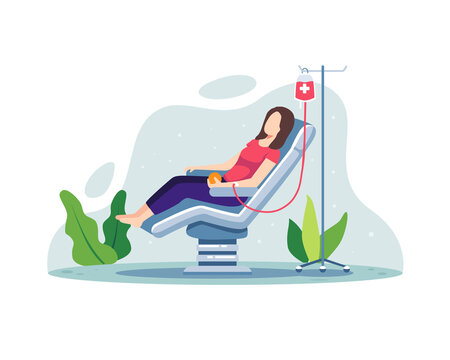 Volunteer Female Character Sitting In Medical Hospital Chair Donating Blood