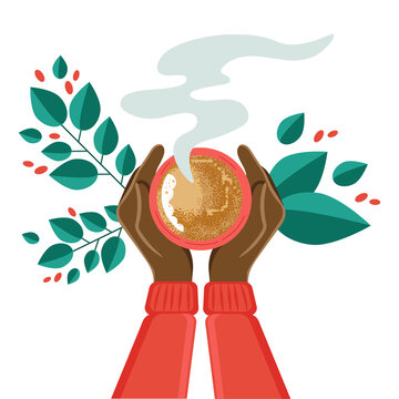 recommend clip art: drinking coffee. Tea coffee break, mug, hand top view. African American female hands.