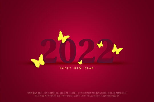 Happy new year 2022 with flying butterflies decoration.