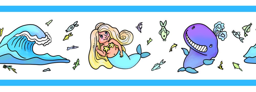 Cute seamless washi tape design with baby mermaid