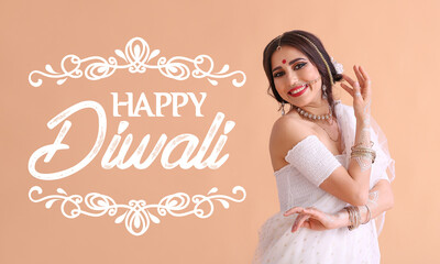 Beautiful Indian woman and text HAPPY DIWALI on color background