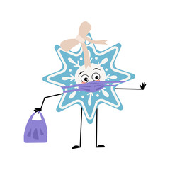 Cute Christmas snowflake with sad emotions, face and mask keep distance, hands with shopping bag and stop gesture. Joyful New Year festive decoration with eyes