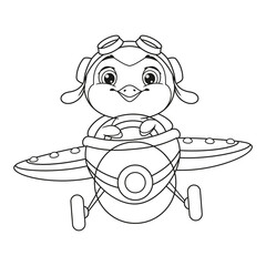 Penguin pilot flying on plane coloring page. Black and white cartoon illustration