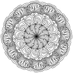 Outline mandala with funny birds, coloring page with patterns and peacocks