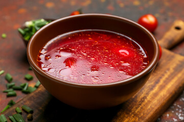 Bowl with tasty borscht on grunge background