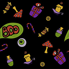 vector seamless Doodle Halloween pattern Colorful cartoon cliparts, symbols