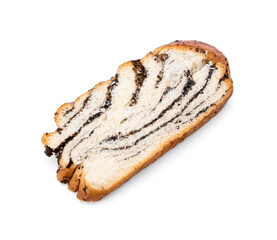 Slice of tasty poppy seed bun on white background