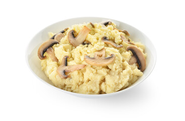 Bowl with tasty mashed potatoes and mushrooms on white background