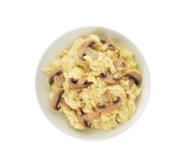 Bowl with tasty mashed potatoes and mushrooms on white background