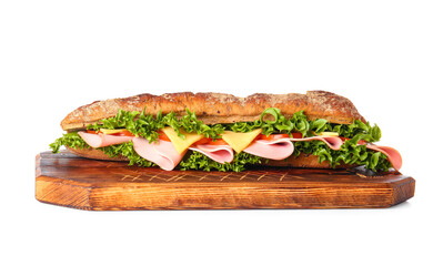 Board with tasty ciabatta sandwich on white background