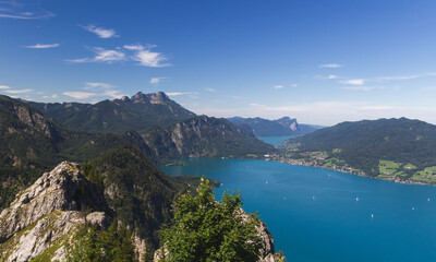 Fototapeta na wymiar Attersee and Mondsee with Austria Alps and hill Schafberg from lookout on hill Schoberstein