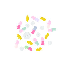 Tablets, pills, capsules, medical drug, medication, scattered, isolated on a white background. Vector illustration, flat realistic color minimal design, eps 10.