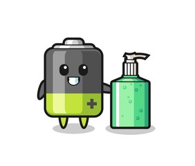 cute battery cartoon with hand sanitizer