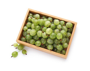 Box with fresh ripe gooseberry on white background