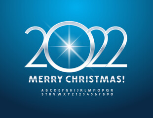 Vector modern greeting card Merry Christmas 2022! Silver elegant Font. Metallic Alphabet Letters and Numbers set