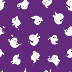 Halloween ghosts seamless pattern. cute kawaii spirit. purple background. stock vector flat cartoon illustration.
