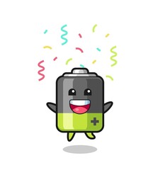 happy battery mascot jumping for congratulation with colour confetti