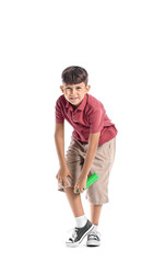 Little boy with mosquito repellent on white background