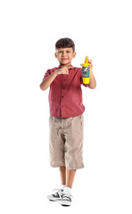 Little boy with mosquito repellent on white background