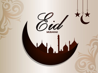 Eid mubarak celebration greeting card with creative illustration of maszid and lantern