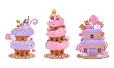 Cute pink sweet candy houses set. Lovely cottages made of sweets cartoon vector illustration