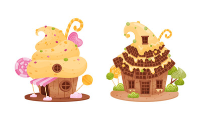 Cute little candy houses set. Lovely cottages made of sweet desserts cartoon vector illustration