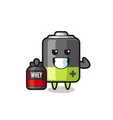 the muscular battery character is holding a protein supplement
