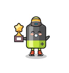 battery cartoon as an ice skating player hold winner trophy