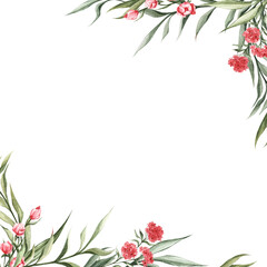 Floral frame with delicate pink flowers and green leaves. Watercolor background for the design of invitations, brochures, banners, posters, cards, etc.