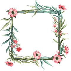 A gentle square vignette. Floral frame with delicate pink flowers and green leaves for the design of invitations, brochures, banners, posters, cards, etc.