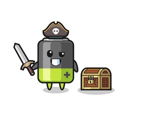 the battery pirate character holding sword beside a treasure box