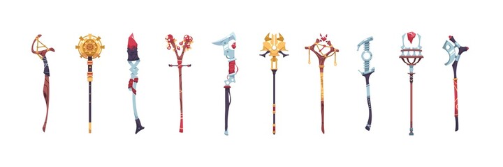 Magic staves. Wizard sticks and wands. Antique scepter weapon with decorative crystals. Magical wooden and metal staff. Sorcerer and shaman tools. Vector warlock costume elements set
