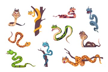 Obraz premium Snakes character. Cute animal mascot with funny face emotions for kids illustration. Wild reptile of tropical nature. Striped or spotted creeping predators. Vector exotic serpents set