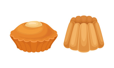 Baked products set. Sweet pastry muffins cartoon vector illustratio