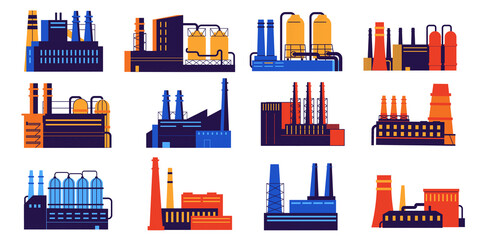 Industry building. Urban factory construction with silo and pipes. Nuclear power plant. Chemical and organic manufacturing. Industrial architecture. Vector city landscape elements set © SpicyTruffel