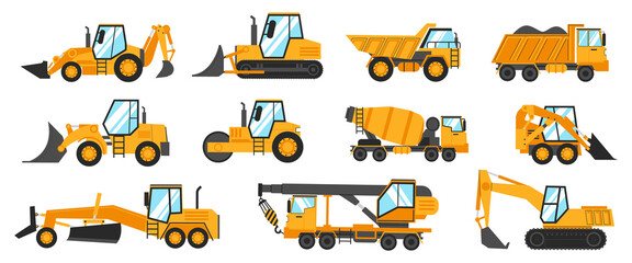 Construction trucks. Heavy industrial vehicles for digging, mining, lifting and transportation. Building transport. Crane excavator and grader. Yellow work lorry. Vector machinery set © SpicyTruffel