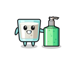 cute milk cartoon with hand sanitizer