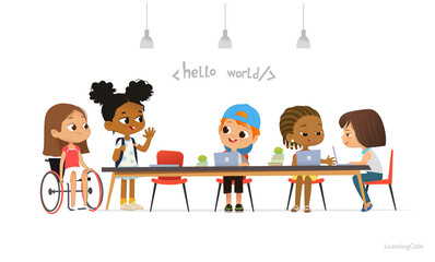 Multiracial kids sitting at laptops and learning coding during informatics lesson. Children greeting newcomer girl in a wheelchair. School inclusive education concept. Illustration for website