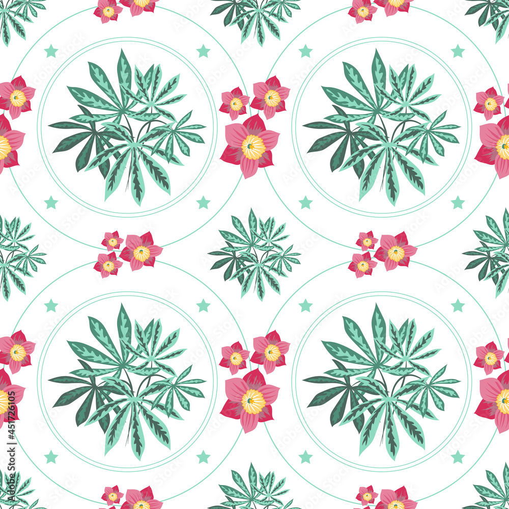 Aufkleber summer flowers and leaves pattern seamless. abstract chestnut leaves and daffodils in round geometri