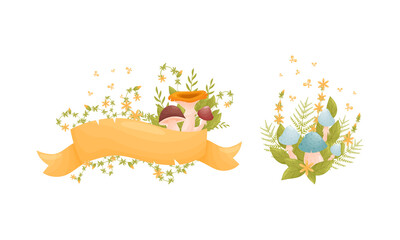 Forest mushrooms, autumn leaves and berries set. Seasonal decorative element, banner with space for text cartoon vector illustration
