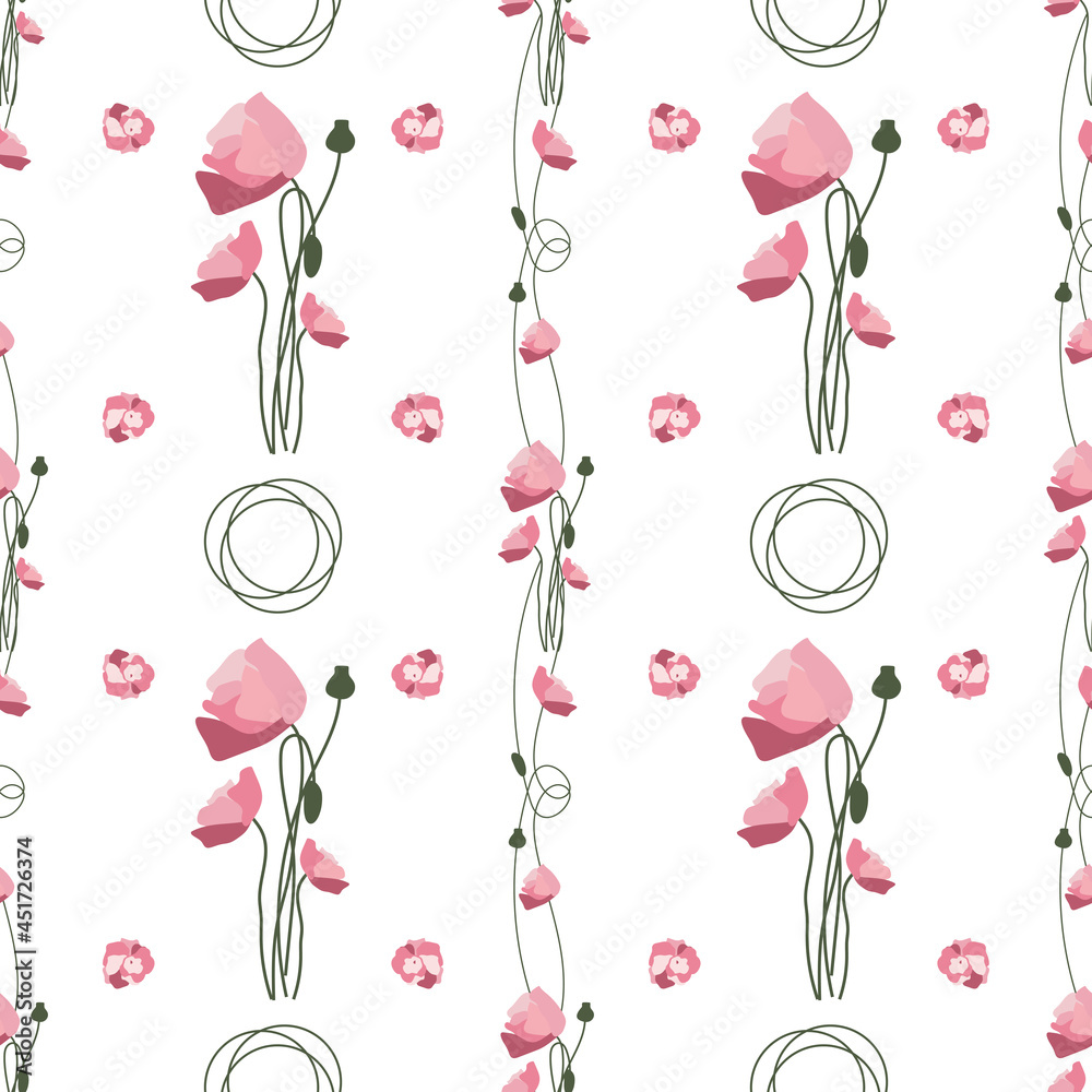 Poster summer flowers and leaves pattern seamless. delicate red poppies and petals with curls by geometric 