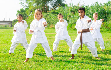Naklejka na ściany i meble Children exercising in karate and traditional martial arts outdoor