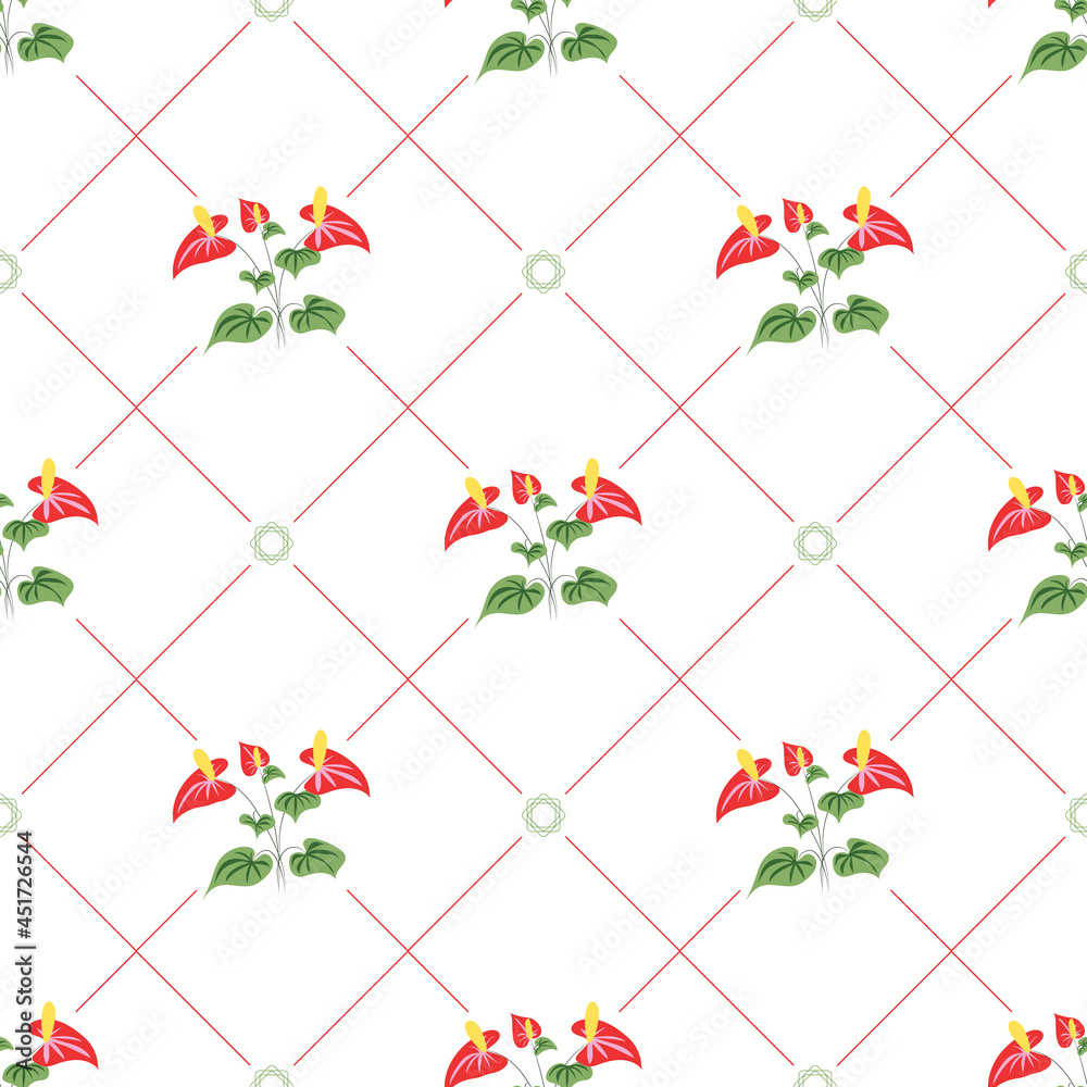 Poster summer flowers and leaves pattern seamless. red calla lilies in linear geometric tiles repeating end
