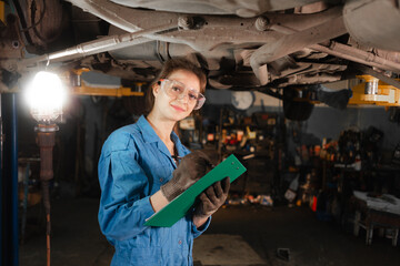 young beautiful woman car mechanic makes an inspection of the chassis of the car.