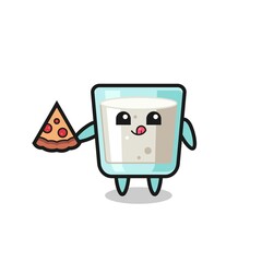 cute milk cartoon eating pizza