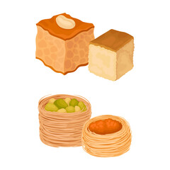 Oriental sweets set. East cuisine desserts, basbousa and birds nest cartoon vector illustration