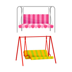 Swing textile benches hanging on frame set vector illustration